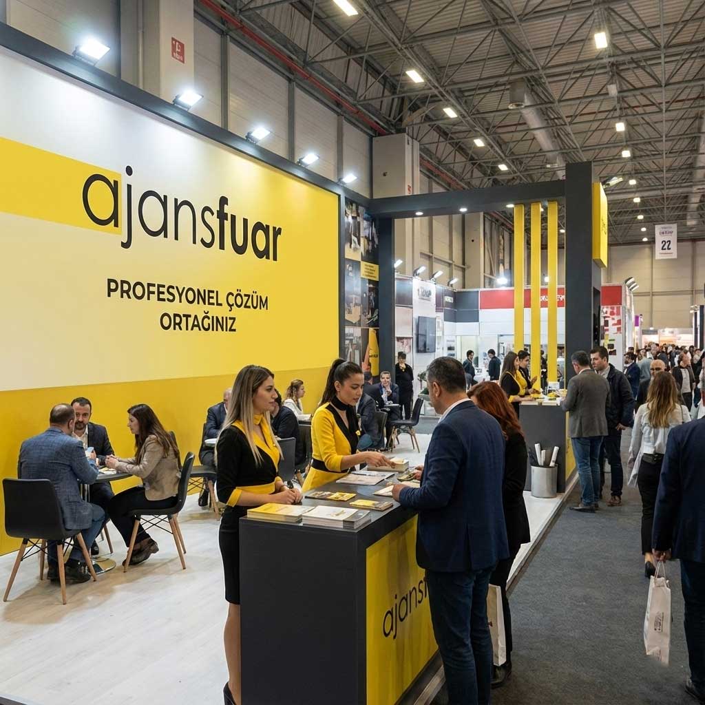 Tüyap Fuar ve Kongre Merkezi'nde Ajans Fuar'ın 2026 takvimini sergileyen profesyonel fuar standı, karşılama hostesleri ve yoğun ziyaretçi kalabalığı.