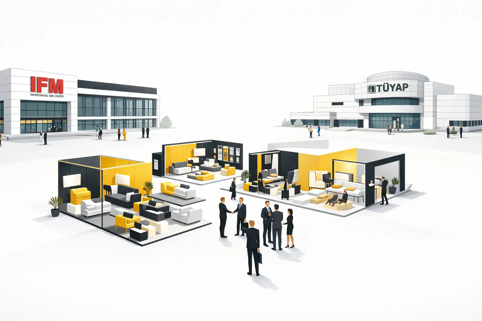 İstanbul Mobilya Fuarı (IIFF) salonunda modern mobilya stantları ve profesyonel ziyaretçiler